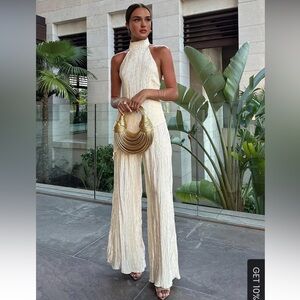 NEW Commense Asymmetrical Halter Top and Wide Leg Pant Set in Champagne XS